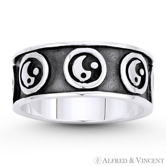 Chinese Yin-Yang Taoist Charm Men's Eternity Band in .925 Sterling Silver -Sz 10 - Picture 1 of 1